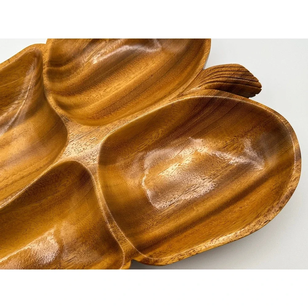 Vintage Hand Carved Monkey Pod Wood Leaf Divided Serving Tray Mid Century Tiki